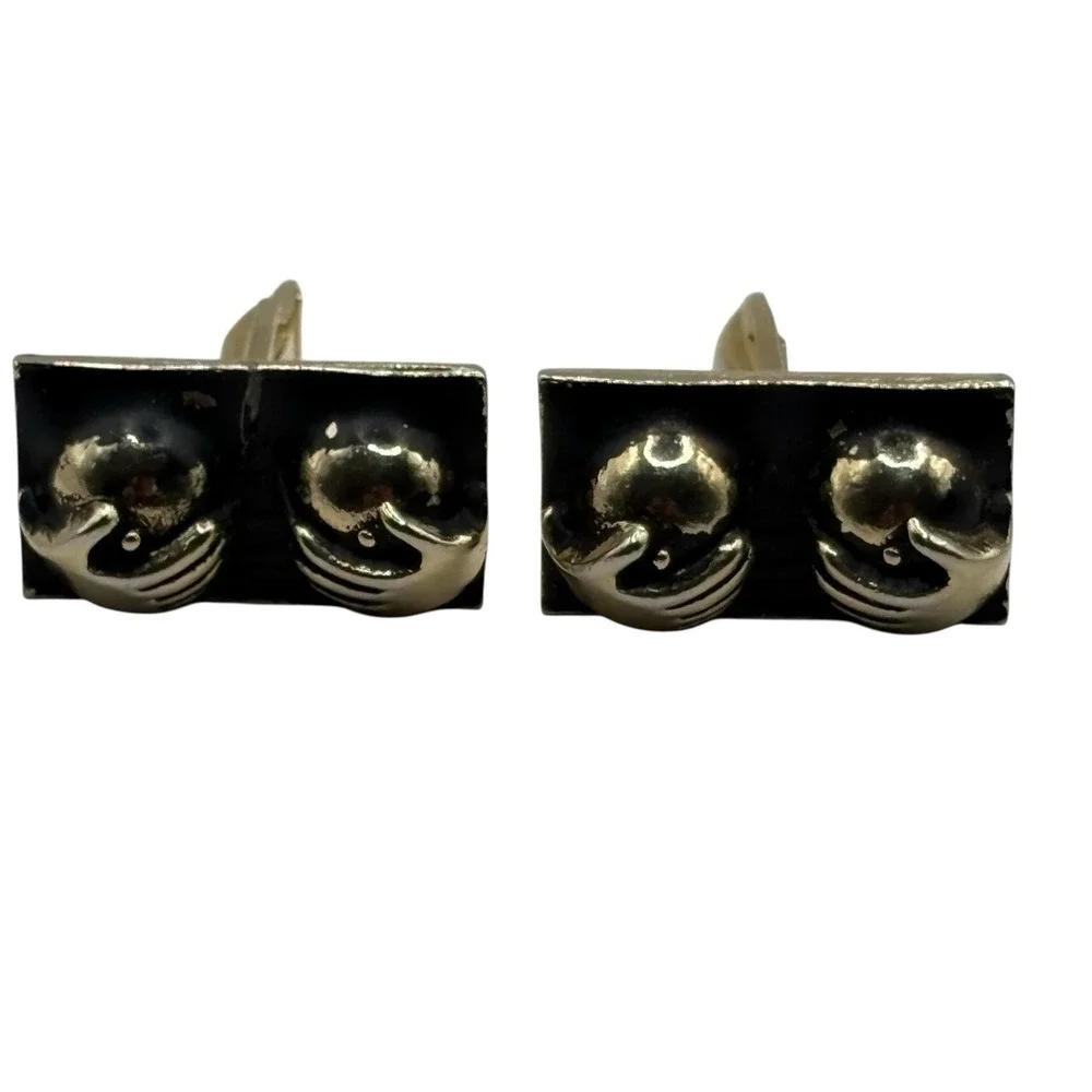 Boobs Breasts Cufflinks‎ Naughty Gold Tone Black Happy Hands Novelty Funny READ